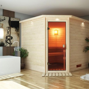 KARIBU Sauna Leona mit Kranz und bronzierter Tür naturbelassen Saunen aus hochwertiger nordischer Fichte beige (naturbelassen) Saunen
