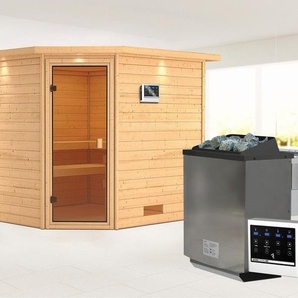 KARIBU Sauna Leona mit Kranz und bronzierter Tür Ofen 9 kW Bio externe Strg Easy Saunen aus hochwertiger nordischer Fichte beige (naturbelassen) Saunen