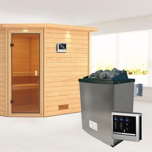 KARIBU Sauna Leona mit Kranz und bronzierter Tür Ofen 9 KW externe Strg Easy Saunen aus hochwertiger nordischer Fichte beige (naturbelassen) Saunen