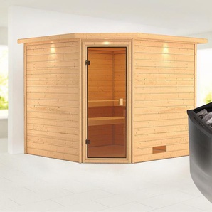 KARIBU Sauna Leona mit Kranz und bronzierter Tür Ofen 9 kW integr. Strg Saunen aus hochwertiger nordischer Fichte beige (naturbelassen) Saunen