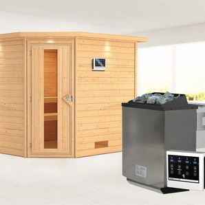 KARIBU Sauna Leona mit Kranz und Energiespartür Ofen 9 kW Bio externe Strg modern Saunen aus hochwertiger nordischer Fichte beige (naturbelassen) Saunen