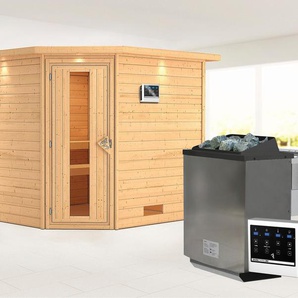 KARIBU Sauna Leona mit Kranz und Energiespartür Ofen 9 kW Bio externe Strg modern Saunen beige (naturbelassen) Saunen