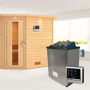 KARIBU Sauna Leona mit Kranz und Energiespartür Ofen 9 KW externe Strg modern Saunen aus hochwertiger nordischer Fichte beige (naturbelassen) Saunen
