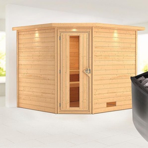 KARIBU Sauna Leona mit Kranz und Energiespartür Ofen 9 kW integr. Strg Saunen aus hochwertiger nordischer Fichte beige (naturbelassen) Saunen