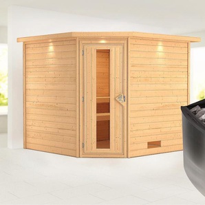 KARIBU Sauna Leona mit Kranz und Energiespartür Ofen 9 kW integr. Strg Saunen beige (naturbelassen) Saunen