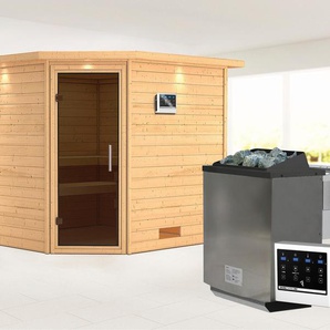KARIBU Sauna Leona mit Kranz und graphitfarbener Tür Ofen 9 kW Bio externe Strg Saunen aus hochwertiger nordischer Fichte beige (naturbelassen) Saunen