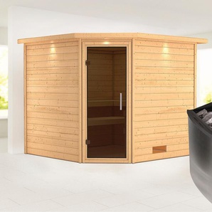 KARIBU Sauna Leona mit Kranz und graphitfarbener Tür Ofen 9 kW integr. Strg Saunen aus hochwertiger nordischer Fichte beige (naturbelassen) Saunen