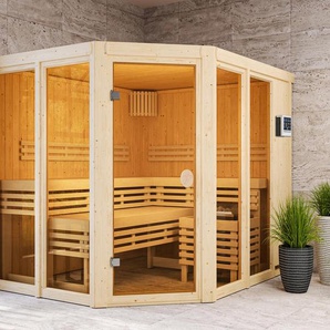 Karibu Sauna »Scarlett 3« im Set mit 9-kW-Bio-Ofen und Bio-Steuerung - naturfarben - Edelstahl -