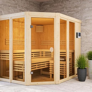 Karibu Sauna »Scarlett 3« im Set mit 9-kW-Ofen und finnischer Steuerung - naturfarben - Edelstahl -