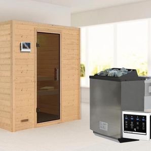 KARIBU Sauna Sonja mit graphitfarbener Tür Ofen 9 kW Bio externe Strg modern Saunen beige (naturbelassen) Saunen