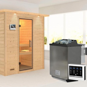KARIBU Sauna Sonja mit Klarglastür und Kranz Ofen 9 kW Bio externe Strg modern Saunen beige (naturbelassen) Saunen