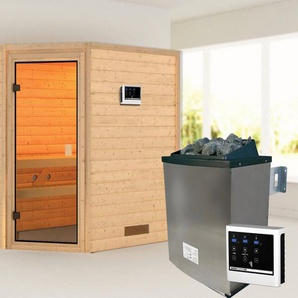Karibu Sauna Svea (Eckeinstieg), BxTxH: 1960 x 1460 x 1980 cm, 38 mm, inklusive Ofenschutzgitter und Tür