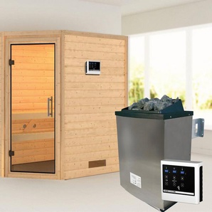 Karibu Sauna Svea (Eckeinstieg), BxTxH: 1960 x 1460 x 1980 cm, 38 mm, inklusive Ofenschutzgitter und Tür