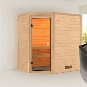 Karibu Sauna Svea (Eckeinstieg), BxTxH: 1960 x 1460 x 1980 cm, 38 mm, inklusive Ofenschutzgitter und Tür