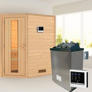Karibu Sauna Svea (Eckeinstieg), BxTxH: 1960 x 1460 x 1980 cm, 38 mm, inklusive Ofenschutzgitter und Tür