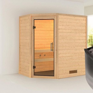 Karibu Sauna Svea (Eckeinstieg), BxTxH: 1960 x 1460 x 1980 cm, 38 mm, inklusive Ofenschutzgitter und Tür