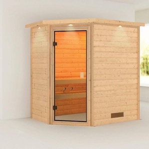 Karibu Sauna Svea (Eckeinstieg), BxTxH: 2240 x 1600 x 2020 cm, 38 mm, inklusive Ofenschutzgitter und Tür