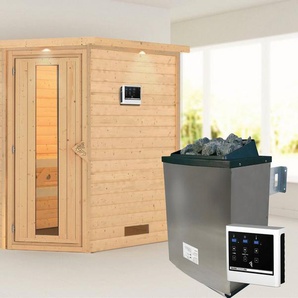Karibu Sauna Svea (Eckeinstieg), BxTxH: 2240 x 1600 x 2020 cm, 38 mm, inklusive Ofenschutzgitter und Tür