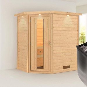 Karibu Sauna Svea (Eckeinstieg), BxTxH: 2240 x 1600 x 2020 cm, 38 mm, inklusive Ofenschutzgitter und Tür