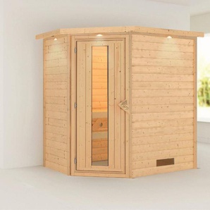 Karibu Sauna Svea (Eckeinstieg), BxTxH: 2240 x 1600 x 2020 cm, 38 mm, inklusive Ofenschutzgitter und Tür