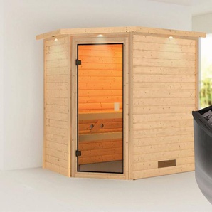 Karibu Sauna Svea (Eckeinstieg), BxTxH: 2240 x 1600 x 2020 cm, 38 mm, inklusive Ofenschutzgitter und Tür