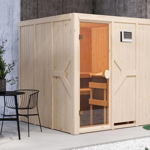 Karibu-Sauna »Taylor« mit Fronteinstieg. inkl. 9-kW-Ofen »Finnisch« - braun - Massivholz -