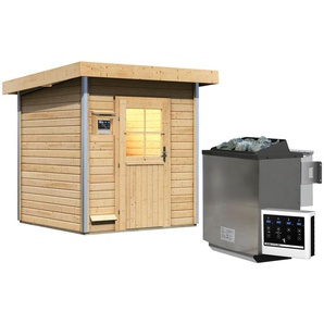 KARIBU Saunahaus Klaas Saunen klassiche Tür, Ofen 9 kW Bio externe Strg Easy beige (naturbelassen) Saunahäuser