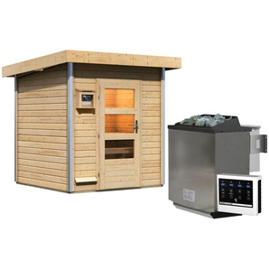 KARIBU Saunahaus Klaas Saunen moderne Tür, Ofen 9 kW Bio externe Strg easy beige (naturbelassen) Saunahäuser