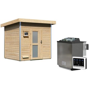 Karibu Saunahaus Norge natur 9 kW Bio-Ofen, Steuerung Easy, Milchglastür 231 x 196 x 238 cm
