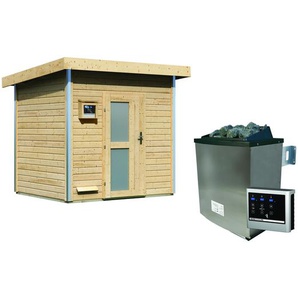 Karibu Saunahaus Norge natur 9 kW Ofen, Steuerung Easy, Milchglastür 231 x 196 x 238 cm