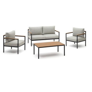 Kave Home - Aiguafreda Set 2-Sitzer-Sofa 2 Sesseln + Couchtisch Alu grau massives Akazienholz 100% FSC