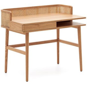 Kave Home - Araxi Schreibtisch aus Eschenfurnier und massiver Esche und Rattan 105 x 62 cm