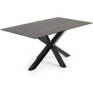 Kave Home - Argo Tisch 180 x 100 cm aus Feinsteinzeug mit Iron Moss Finish und schwarzen Stahlbeinen