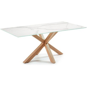 Kave Home - Tisch Argoaus weißem Kalos-Porzellan und Beinen aus Stahl in Holzoptik, 180 x 100 cm