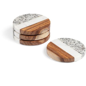 Kave Home - Cataleg 4er-Set runde Untersetzer aus weissen und grauem Marmor und Mango Holz