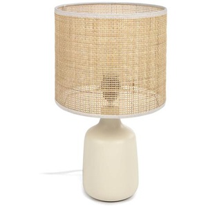 Kave Home - Erna Tischlampe aus weißer Keramik und Bambus mit natürlichem Finish und UK-Adapter
