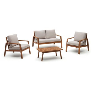 Kave Home - Frares Set aus 2-Sitzer-Sofa, 2 Sesseln und Couchtisch massives Akazienholz 100% FSC