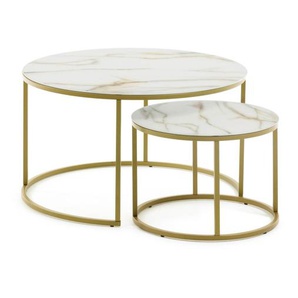 Kave Home - Leonor Set 2 Beistelltische aus weißem Glas und Stahl mit goldenem Finish Ø 80 cm/Ø 50 cm