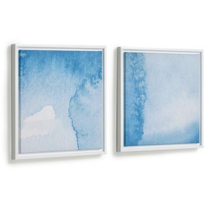 Kave Home - Maeva Set aus 2 Bildern aus Holz weiß Wasser blau und weiß 40 x 40 cm