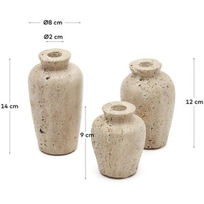 Kave Home - Malch Set aus 3 Vasen aus Travertin in Beige Ø 9 cm / Ø 12 cm / Ø 14 cm