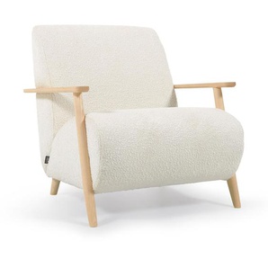 Kave Home - Meghan Sessel mit Bouclé-Bezug in Weiß und Holzbeine aus massiver Esche mit natürlichem Fi