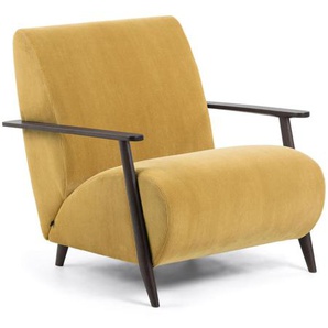 Kave Home - Meghan Sessel mit senfgelber Kord und massiven Eschenholzbeinen mit Wenge-Finish