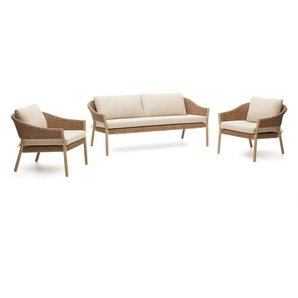 Kave Home - Pola stapelbares Set 2-Sitzer-Sofa + 2 Sesseln massiver Eukalyptus Kunstrattan 100% FSC