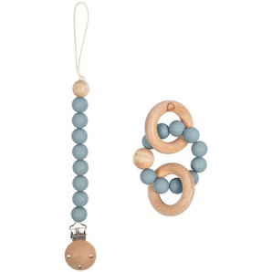 Kave Home - Set Epiphany Schnullerkette und Beißring aus blauem Silikon und Holz
