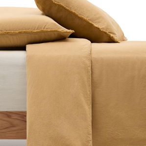 Kave Home - Set Sifinia Bettdecken- und Kopfkissenbezug aus 100% Baumwollperkal mit Fransen senffarben