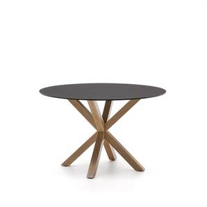 Kave Home - Tisch Argo aus schwarzem Milchglas und Stahlbeinen in Holzoptik Ã˜ 120 cm