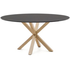 Kave Home - Tisch Argo aus schwarzem Milchglas und Stahlbeinen in Holzoptik Ã˜ 150 cm