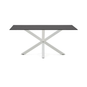 Kave Home - Tisch Argo aus schwarzem Milchglas und Stahlbeinen mit weissem Finish, 160 x 90 cm