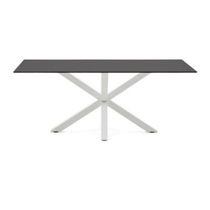 Kave Home - Tisch Argo aus schwarzem Milchglas und Stahlbeinen mit weiÃŸem Finish, 200 x 100 cm