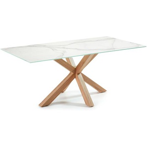 Kave Home - Tisch Argoaus weissem Kalos-Porzellan und Beinen aus Stahl in Holzoptik, 180 x 100 cm